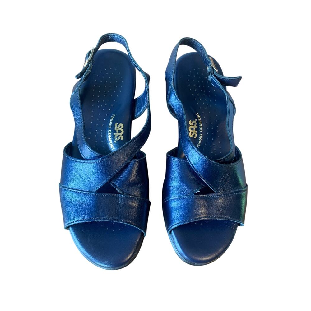SAS Caress Cross Strap Wedge Women's Sandals 7M Comfort Navy USA